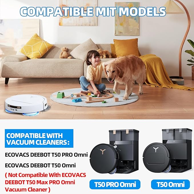 EOVWAEO 25 Pack Accessories for ECOVACS DEEBOT T50 PRO Omni / T50 PRO Omni Gen2 /T50 Omni Robot Vacuum, Replacement 2 Anti Tangle Main Brush 6 Mop Pads 6 Dust Bag 6 Sidebrush 4 Filter 1 Cleaning Brush