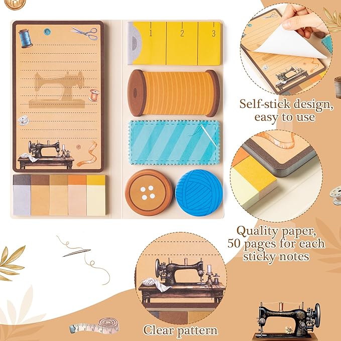 Xqumoi Retro Sewing Sticky Notes Set - Any Day Spent Sewing is A Good Day Self-Stick Note Pads Teacher Appreciation Notepads Writing Memo Pad Page Marker Back to School Office Supplies, 550 Sheets