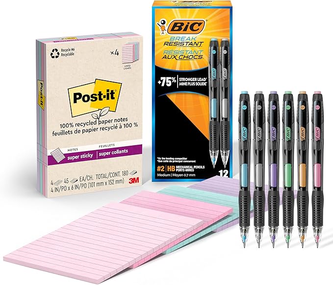 BIC Break Resistant Mechanical Pencils with Erasers, No. 2 Medium Point, 12-Count Pack and Post-it 100% Recycled Paper Super Sticky Notes, Lined, 4 in. x 6 in., 4 Pads, 45 Sheets per Pad