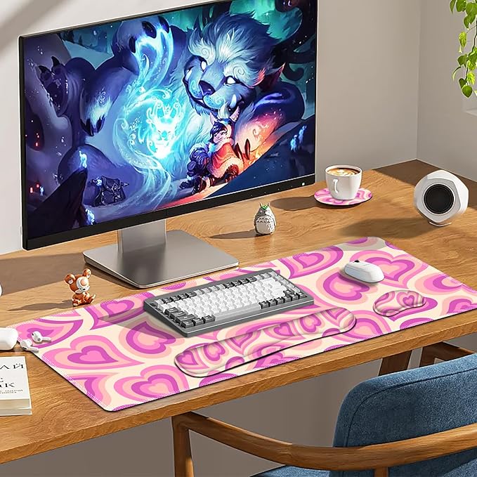 Keyboard Mouse Pad Set, Extended Gaming Mouse Pad +Keyboard Wrist Support +Mouse Wrist Rest +Coaster, 35.4x15.7 in XXL Large Ergonomic Desk Mat 4in1 Set for Home Office, Pink Heart
