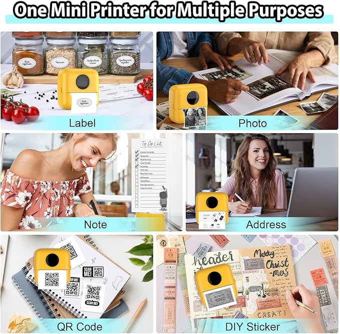 HuiJuKeJi Mini Sticker Printer Bluetooth Smart Pocket Inkless Thermal Printer with 11 Rolls Thermal Paper and Sticker for iOS&Android, Portable Receipt Printer for Photo Note Memo (Yellow)