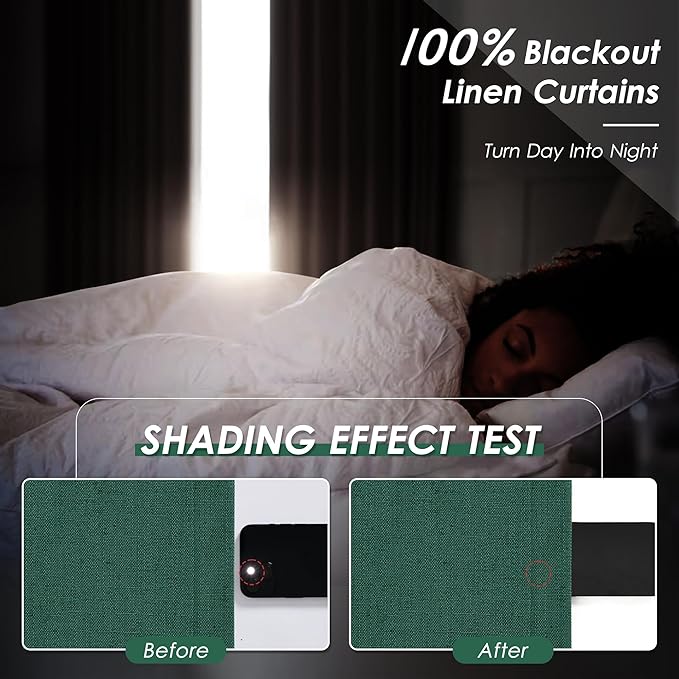 Dark Green Linen Curtain 108 Inches Long 2 Panel Set Blackout Curtains with Back Tab Pocket Cotton Textured Room Darkening Noise Reducing Drapes for Bedroom Cottage High Window 52x108