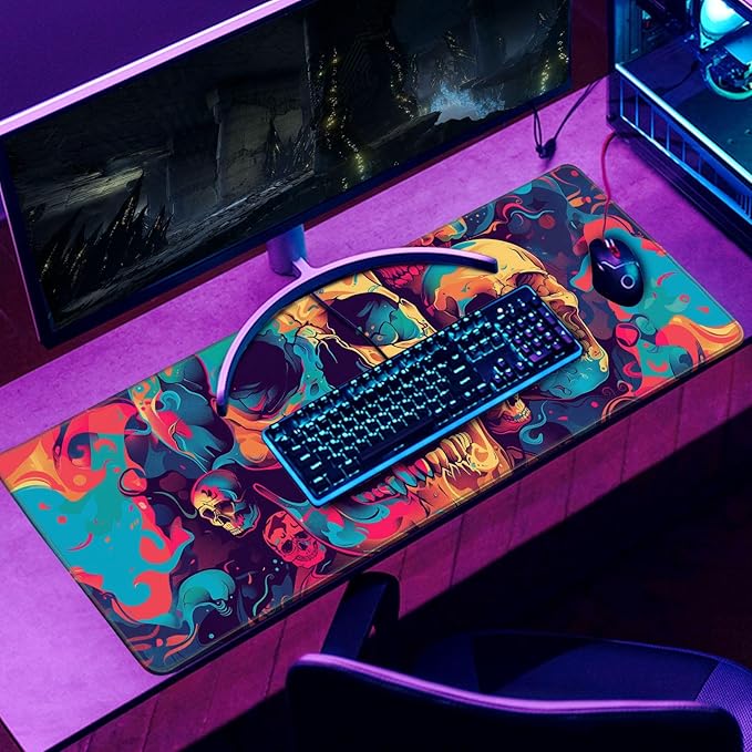Desk Mat Psychedelic Desk Accessories Skulls Extended Gaming Mouse Desk Pad Decorations for Office Keyboard Mousepad Mat31.5x11.8in, Stitched Edge Non-Slip Bottom Large Mouse Pad