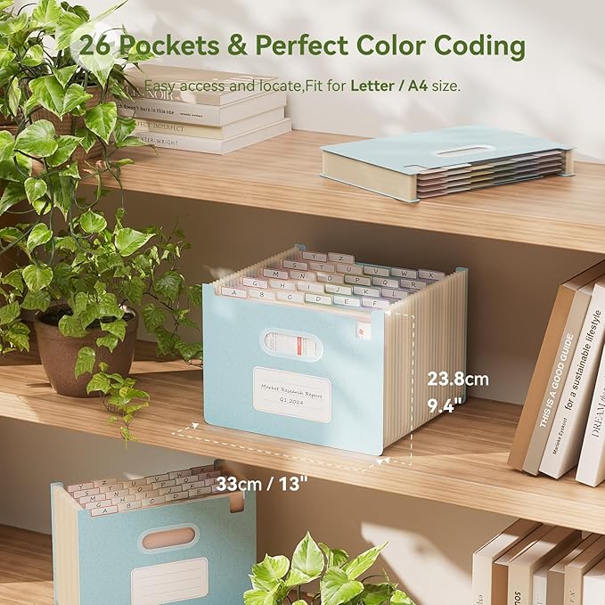 Accordion File Organizer, 26 Pockets Wheat Straw Expanding File Folders, Upright&Open Top, A-Z Bill Receipt Organizer, 100% BPA Free, Return to Nature, Healthy Living, Letter/A4 Size-Sky Blue