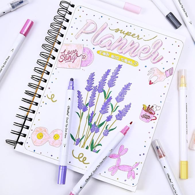 Ohuhu Dual Tip Dot Markers: 15 Colors Dot Marker Pens (Fine & Dot) for Kids Adults Water-Based Ink Metallic & Regular Colors Dot Pens for Journaling Scrapbooking DIY Highlighting Drawing Markers