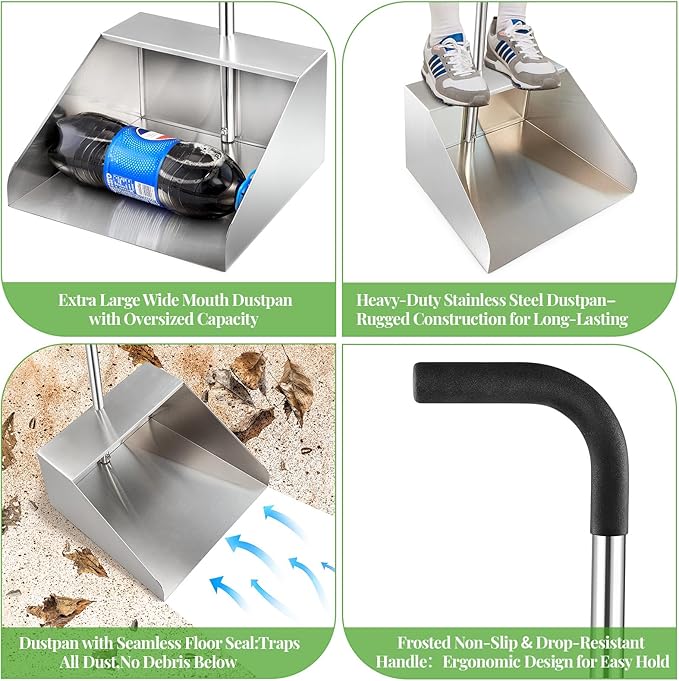 32In Extra Large Dust Pan with Long Handle,Heavy Duty Metal Dust Pan for Jumbo Debris Pan-Commercial Stand up Dustpan,Wide Mouth Outdoor Dustpan for Courtyards/Garage/Sidewalks-Professional Cleaning