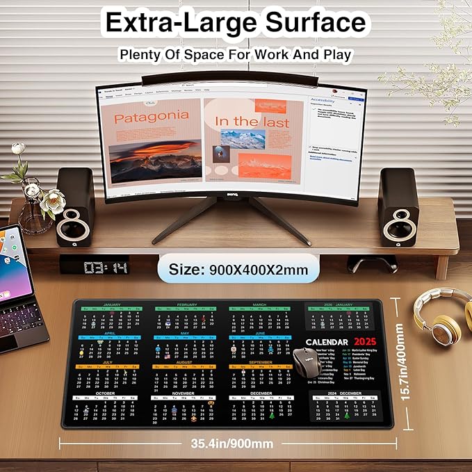 Mouse Pad, Non-Slip 2025 Calendar Desk Pad Protector, Extended Gaming Computer Keyboard Mouse Mat Desk Pad for Laptop with Stitched Edges 35.4×15.7in, Desk Writing Pad for Office and Home