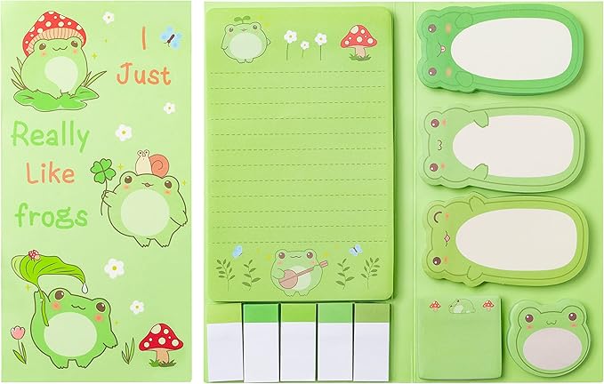 Xqumoi I Just Really Like Frogs Sticky Notes Set, 550 Sheets, Cute Cartoon Frogs Self-Stick Notes Pads Animal Divider Tabs Bundle Writing Memo Pads Back to School Office Supplies Small Gift