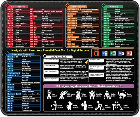 Excel Cheat Sheet Desk Pad Mat, Small Shortcuts Mouse Pad, Portable Keyboard Computer Mousepad 11.8"x9.8" with Non-Slip Stitched Edges for Laptop Office Accessorie Travel School Workplace