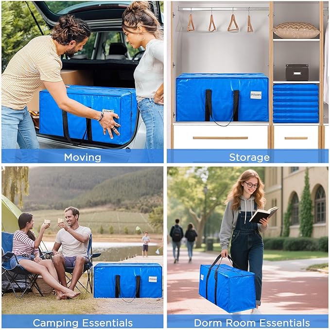 Extra Large Moving Bags Heavy Duty Storage Bags with Zipper Handles, BETU 8 Pack Clothes Storage Totes Bins Packing Moving Boxes, Moving Supplies for College Dorm Essentials, Space Saving, Blue