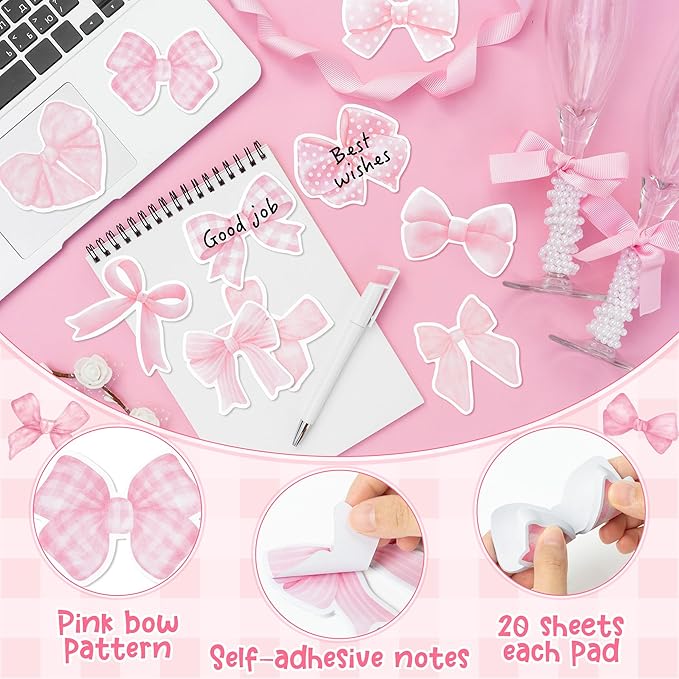 CJiangpo 30Pcs Coquette Pink Bow Sticky Notes Pads, 600 Sheets Self Stick Cartoon Notepad Memo Pads Funny Page Marker Classroom Rewards Bow Themed Party Favors Filler Gifts for Kids