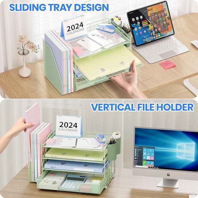 Desk Organizer and Accessories, 4-Tier Desktop File Organizer with Drawer and 2 Pen Holders, Office Desk Accessories for Office Supplies(Green)