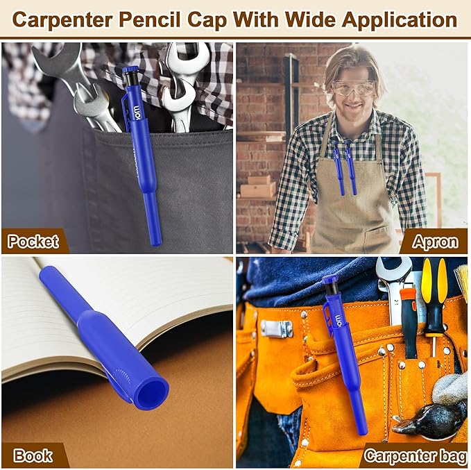 Hiboom 2 Pack Solid Carpenter Pencils with Pencil Cap and 18 Refills, Long Nose Deep Hole Mechanical Pencil Marker, Scribe Tool with Built-in Sharpener for Construction Woodworking Architect (Blue)