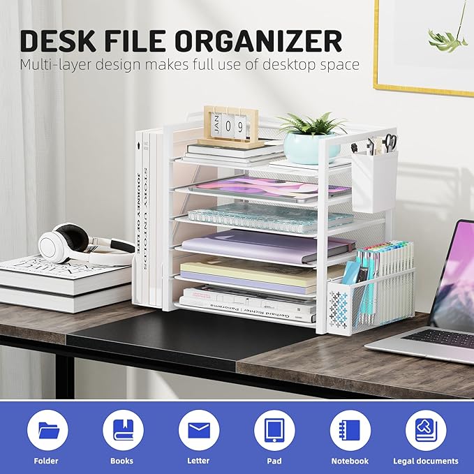 Simple Trending 6 Tier Desk File Organizer, Paper Letter Tray Organizer with File Holder and Pen Container, White