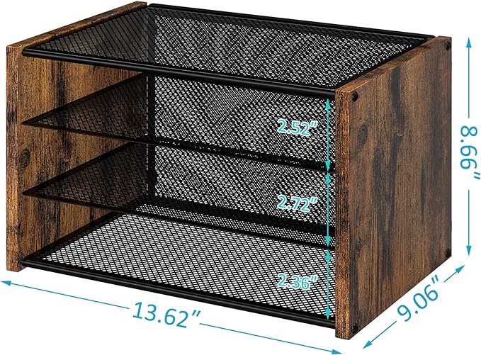 3-Tier Paper Letter Tray, Wooden Desk File Organizer, Stackable Metal Mesh Desk Organizer for Office Supplies. Small Paper Trays for Home Office School, Rustic Brown