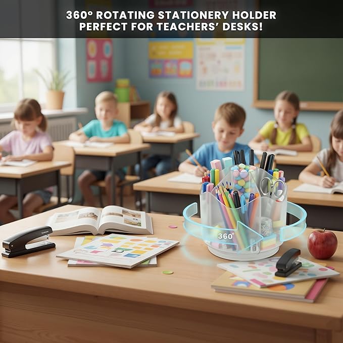 Spinning Desk Caddy Organizer Clear | 360 Rotating Desk Organizer Acrylic Pen Holder & Marker Organizers | 6 Slots Rotating Organizer & Spinning Organizer for Shops, Classroom, Vanity, Desk