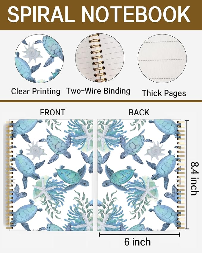 Spiral Notebook A5, Hardcover Journal for Women, 120 Pages Thick College Ruled Paper, Perfect for Office, School, or Home Use(Turtles and Starfish)