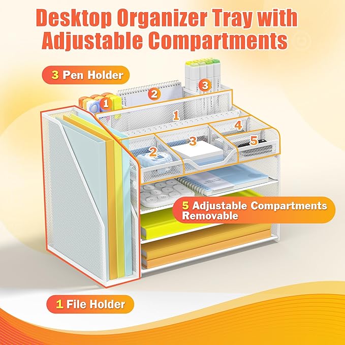 Docnest 4 Tier Mesh Desk Organizer with File Holder – Multi-Functional Paper Letter Tray with 5 Adjustable Compartments, 3 Pen Holders, Desktop Storage for Files, Mail, Stationery – White