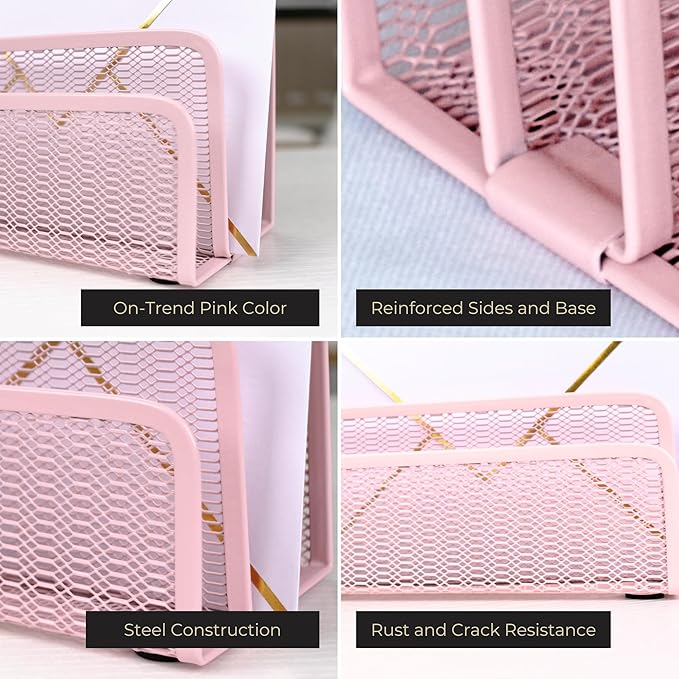BLU MONACO Pink Metal Mesh Letter Sorter – 3-Slot Mail Organizer for Desk, Office & Home – Space-Saving Vertical Mail Holder for Envelopes, Documents & Files – Stylish Desk Organizer