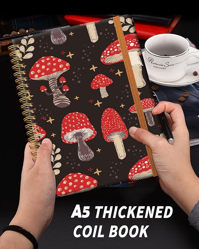 Ruled Spiral Writing Notebook,A5 Hardcover Lined College Journal for Women,Strong Twin-Wire Binding with Premium Paper,8.4" X 6",Perfect for School,Office,Home(Cute Mushroom)