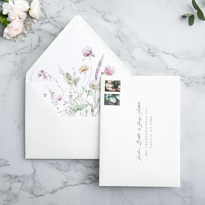 PONATIA 50PCS A7 Euro Flap Ivory Envelope, 5.25 x 7.25'' Wild Flowers Liner Envelopes for Wedding Invitations, Photos, Postcards, Greeting Cards, Christmas Gift Cards, Acrylic Mailing, 5x7 Envelopes