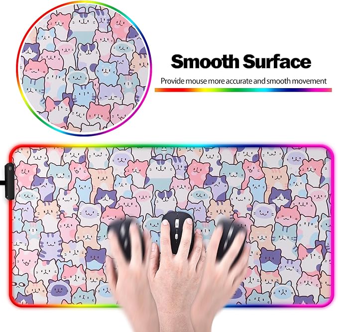 RGB Pink Cat Mouse Pad, Large LED Gaming Light Up Computer Mousepad, Long Glowing PC Laptop and Keyboard Office Desk Mat for Women