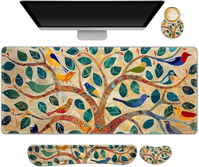 Large Desk Mat Set, Extended Gaming Mouse Pad with Wrist Rest, 4 in 1 Ergonomic Mouse Pad with Wrist Rest Keyboard Mat Combo for Home Office, Colorful Tree Bird