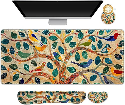 Large Desk Mat Set, Extended Gaming Mouse Pad with Wrist Rest, 4 in 1 Ergonomic Mouse Pad with Wrist Rest Keyboard Mat Combo for Home Office, Colorful Tree Bird