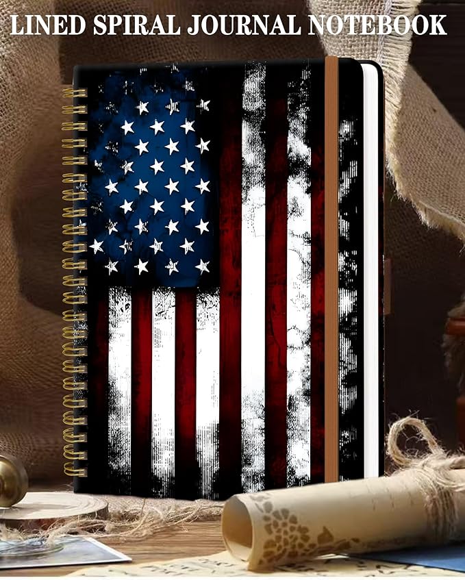 Spiral Journal Notebook for Women, Hardcover A5 College Ruled Notebook, 60 Sheet, Thick Paper, Cute Lined Journal for School, Office & Work, 6 x 8.4 in(Vintage American Flag)