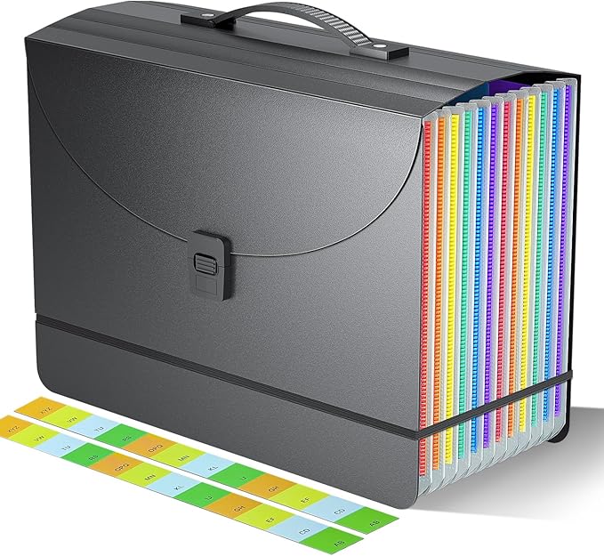 Expanding File Folder/Accordion File Organizer/Portable File Box with 13 Pockets,Fun Storage Filing Folders with Handle,Perfect for Both Standing and Carrying,A4/Letter Size,Colored Tabs,Black Matte