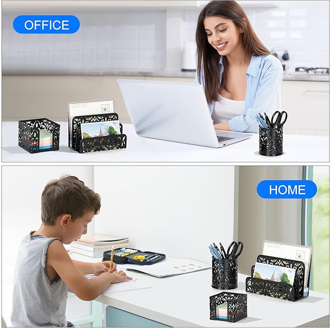 EasyPAG Desk Organizers and Accessories 3 Pieces Office Organizer Set - Pen Holder for Desk, Mail Sorter Countertop and Sticky Note Holder, Black