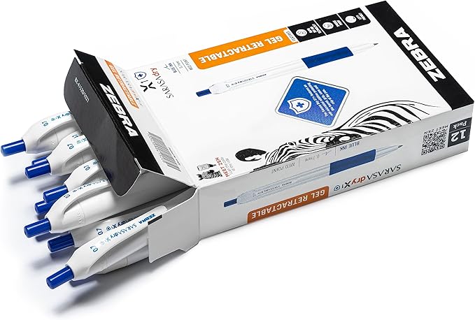 Zebra Pen Sarasa Dry X1+ Retractable Gel Pen, Plastic Barrel with Protective Coating, Medium Point, 0.7mm, Blue Ink, 12-Pack