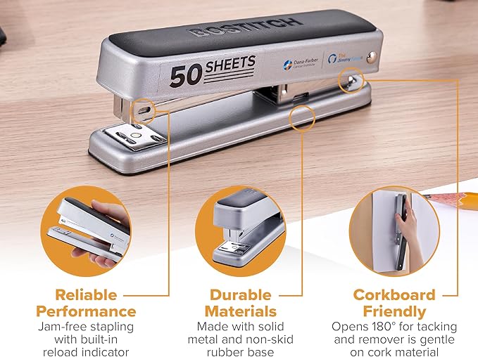 Bostitch Titan Heavy Duty Metal Stapler, 50 Sheet Capacity with 1250 Staples and Ergonomic Staple Remover, Jam Free Stapling, Full Strip Stapler for Desk, Office and Classroom, Silver