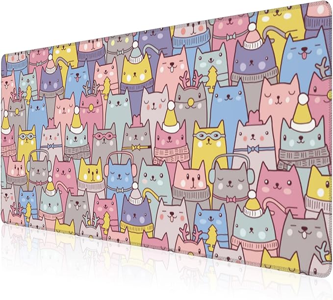 Mouse Pad, Large Cute Christmas Cats Desk Mat, Extended Non-Slip Gaming Keyboard Mousepad Desk Pad, Thick Stitched Edges Waterproof Mouse Mat 31.5"x15.7" (Cartoon Christmas Kittens)