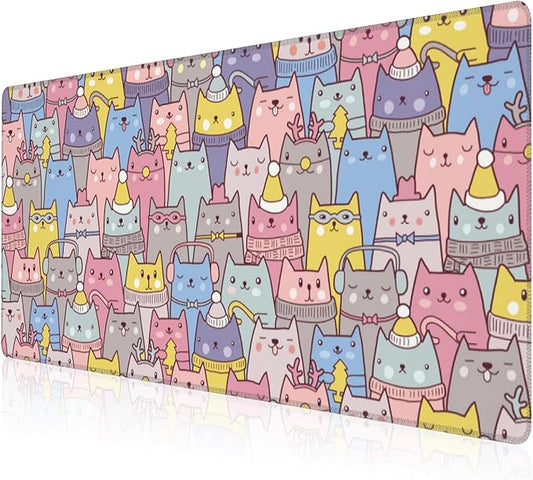 Mouse Pad, Large Cute Christmas Cats Desk Mat, Extended Non-Slip Gaming Keyboard Mousepad Desk Pad, Thick Stitched Edges Waterproof Mouse Mat 31.5"x15.7" (Cartoon Christmas Kittens)