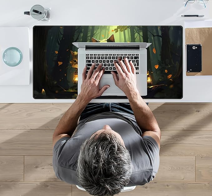 Forest Cats Desk Mat Anime Cat Desk Pad Cute, Kawaii Green Mouse Pad XXL, Large Extended Gaming Mousepad Keyboard Mouse Mat with Stitched Edges, Home Office Decor Pad for Women Girl 31.5x15.75 in