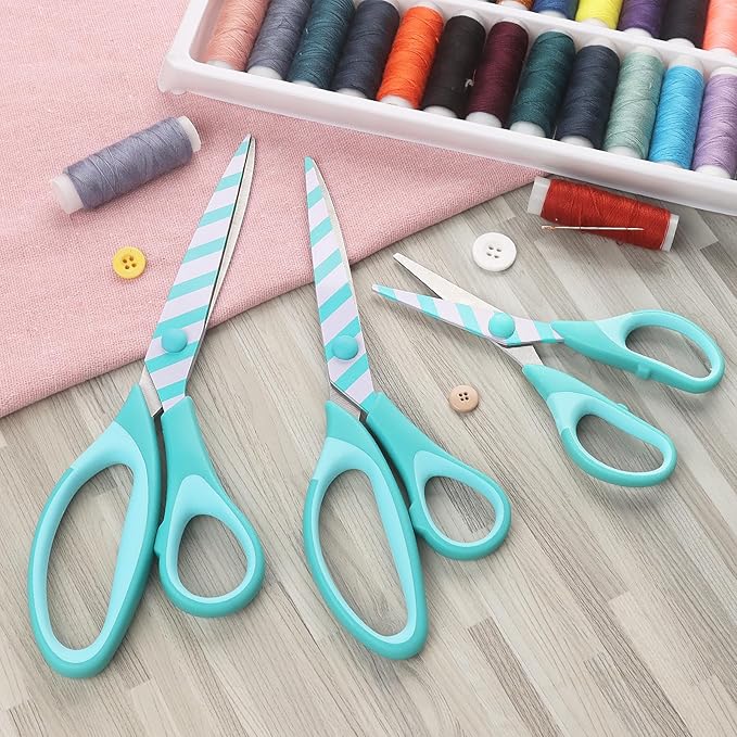 Scissors, Sharp Blades with Pattern, Soft Grip Handle, Multi-Purpose Scissors Set of 3 Suitable for Families, Office, and School Use, Blue