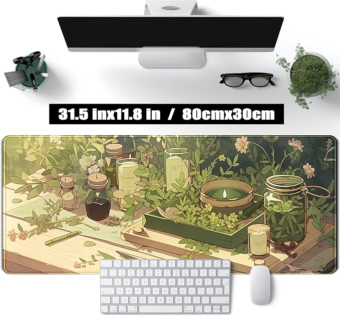 Green Gardener Desk Mat Anime Forest XL Gaming Mouse Pad Plant Lover Desk Pad with Stitched Edges, Women Desktop Decor Mousepad Laptop Computer Keyboard and Mouse Mat Desk Accessories 31.5x11.8 in