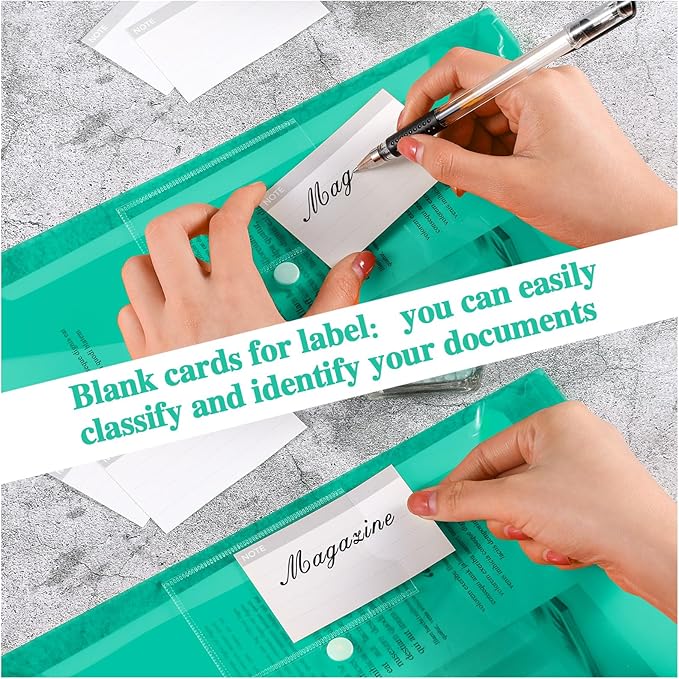 Lincia 24 Pcs Plastic Envelopes A4 Size Poly Envelopes File Folders Work Document Holder Office Paper Plastic File Organizer with Label Pocket Snap Button Home File Bag for School (Clear Green)