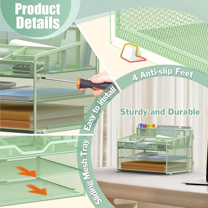 Docnest 3 Tier Mesh Desk Organizer for Paper Office Supplies – Multi-Functional Letter Tray with 5 Adjustable Compartments, 3 Pen Holders, Desktop Storage for Files, Mail, Stationery – Green