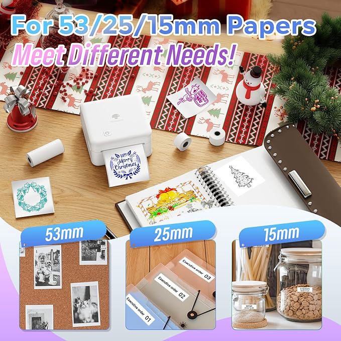 Phomemo Print Pods- Sticker Printer Mini Printer Thermal Sticker Maker Bluetooth Printer for Study Notes, Photos, List, Stickers, Gift, 3 Rolls Paper, White