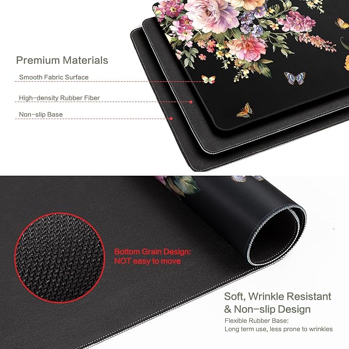Vimorco Desk Mat Mouse Pad Butterfly Flower, Pink Floral XXL Extended Large Gaming Desk Pad Mousepad, Black Computer Laptop Keyboard Mouse Mat for Women Girls Work, Game, Office, Home 31.5x15.7 in