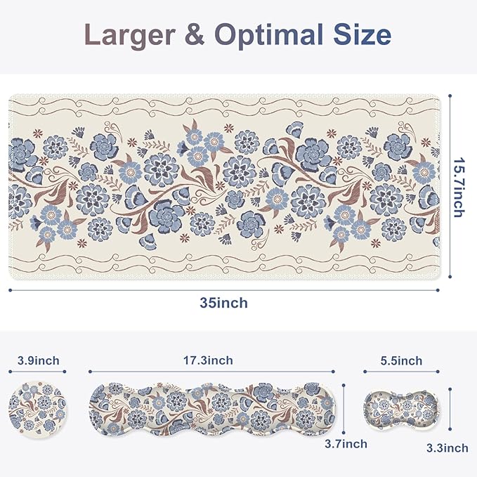 Desk Mat Gaming Mouse Pad, Cute Desk Matt Keyboard Wrist Rest for Desktop, Anti-Slip Big Mousepad Stitched Edges, XXL Large Mouse Pad with Wrist Support for Home Office I Vintage Blue Flower