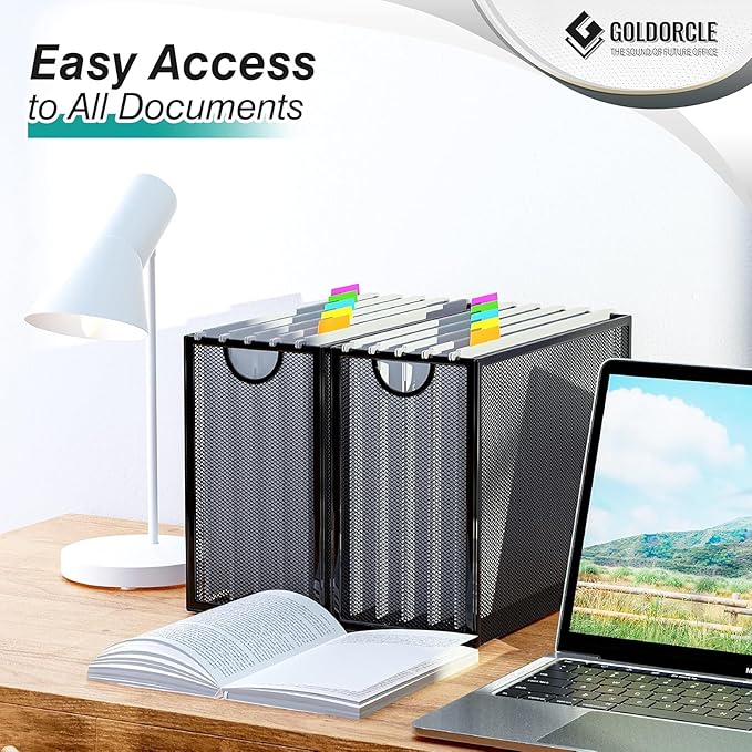 Hanging File Organizer, Letter-size File Holder Filing Box with 5 Hanging Folders, Metal Mesh Desk File Folder Storage(No Assembly Required)