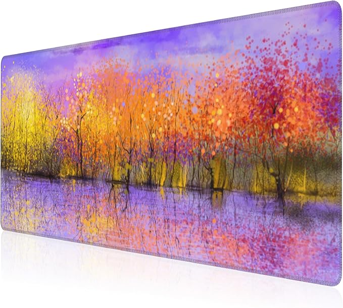 Mouse Pad, Large Colorful Autumn Trees Desk Mat, Extended Non-Slip Gaming Keyboard Mousepad Desk Pad, Thick Stitched Edges Waterproof Mouse Mat 31.5"x15.7" (Fall Nature Landscape Oil Painting)