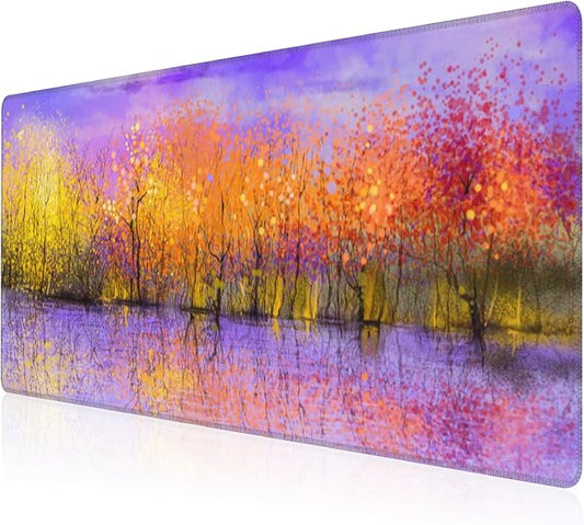 Mouse Pad, Large Colorful Autumn Trees Desk Mat, Extended Non-Slip Gaming Keyboard Mousepad Desk Pad, Thick Stitched Edges Waterproof Mouse Mat 31.5"x15.7" (Fall Nature Landscape Oil Painting)
