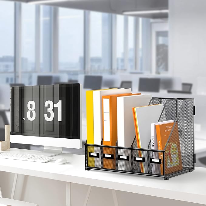 DALTACK Desk Organizers Metal Magazine File Holder with 5 Vertical Compartments Folder Storage Binder Organizer for Office Home School Organization, Black