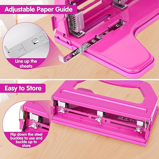 AFMAT Heavy Duty 3 Hole Punch, 50-Sheet, 50% Reduced Effort, Adjustable Two & Three Hole Punch, Metal Paper Puncher w/Large Chip Tray, Metal Paper Guide, Purple