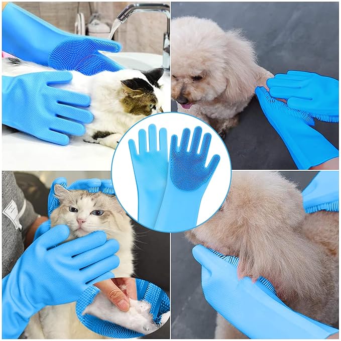 ZENELANEP High-Density Silicone Pet Grooming Gloves with Enhanced Five Finger Design for Bathing, Massaging Dogs and Cats (Blue)