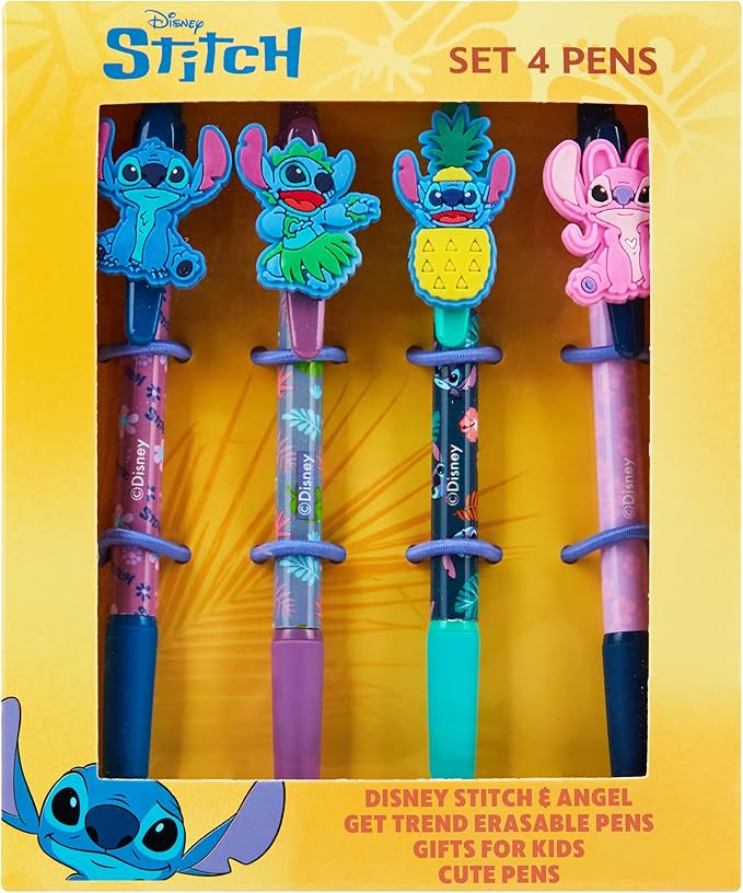 Disney Pens, 4 Cute Pens with Adorable Stitch Toppers, Pretty Pens for Journaling, Drawing, or School Work, Cute Pens for Women & Kids, Stitch School Supplies, Black Ink Ballpoint Pen Set
